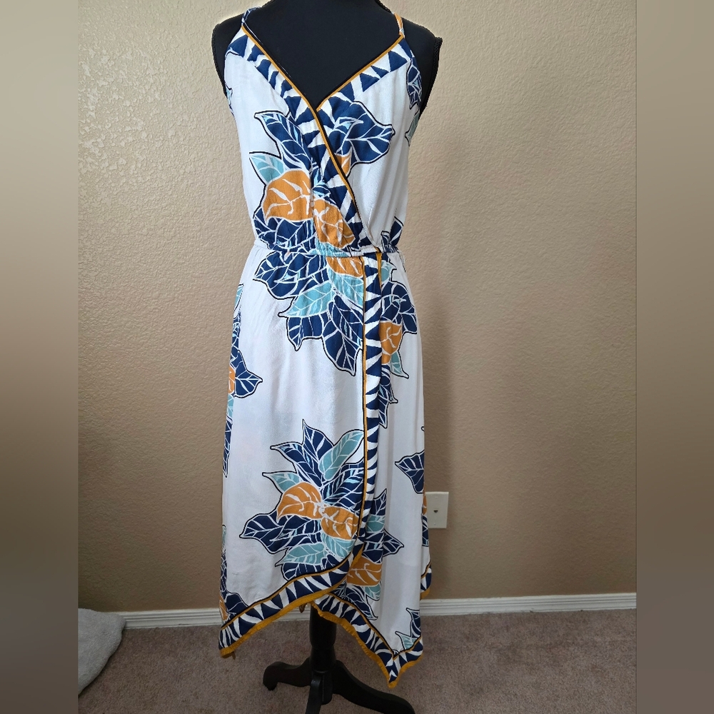 * Nine West Scarf Printed Wrap Dress. White Floral Maxi, Navy Mustard Accent LG - Picture 7 of 11